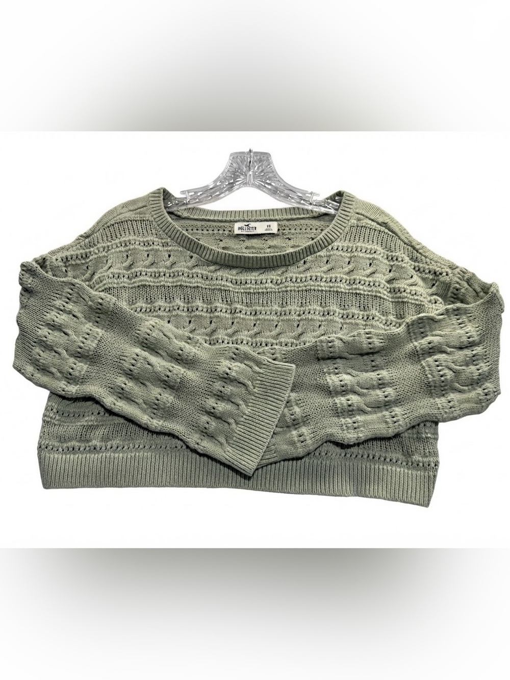Hollister Sage Green Open Stitch Cable Knit Crop Sweater XS